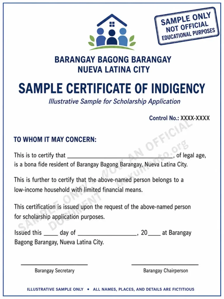 Barangay Certificate of Indigency Certificate of Indigency for Scholarship Applications - (Blank Sample)