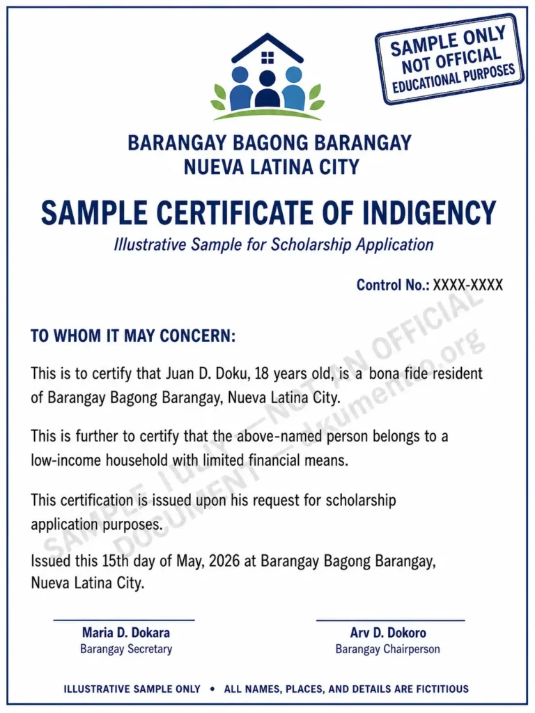 Barangay Certificate of Indigency Certificate of Indigency for Scholarship Applications - (Filled Sample)