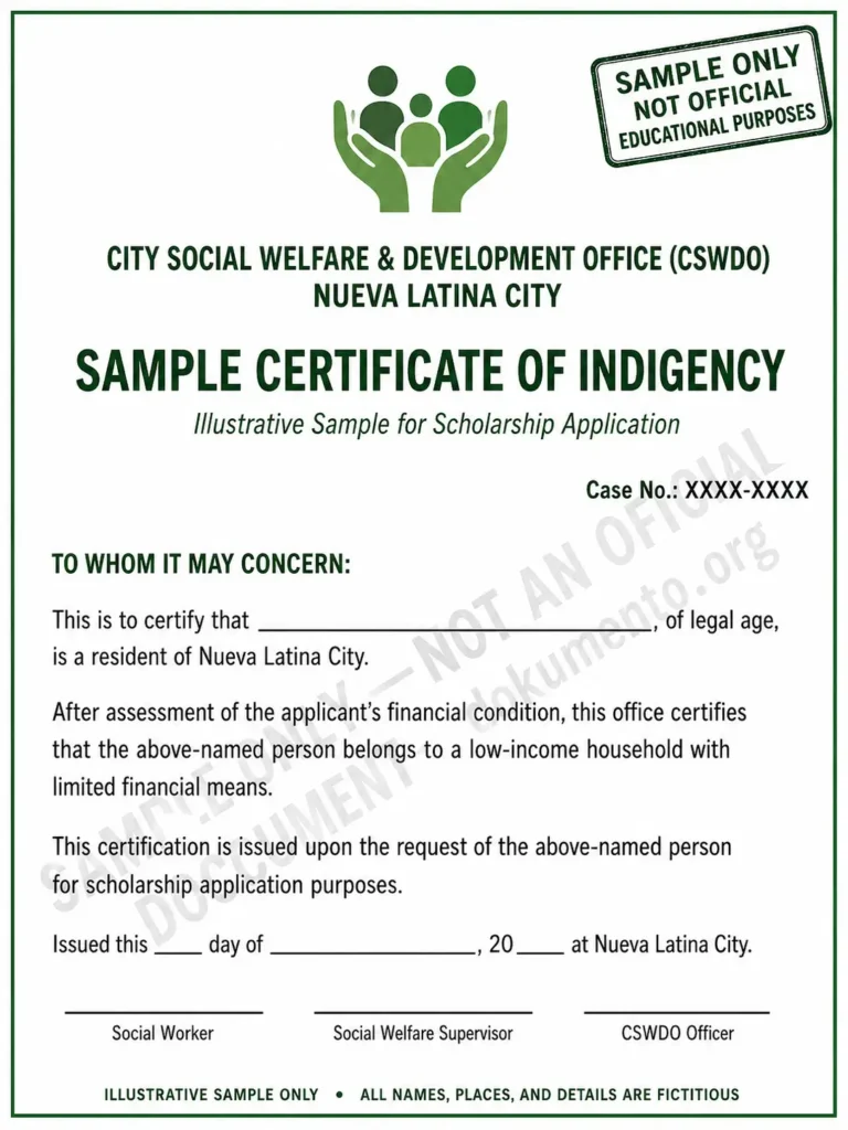City Social Welfare and Development Office (CSWDO) Certificate of Indigency for Scholarship Applications - (Blank Sample)