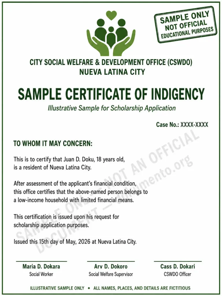 City Social Welfare and Development Office (CSWDO) Certificate of Indigency for Scholarship Applications - (Filled Sample)